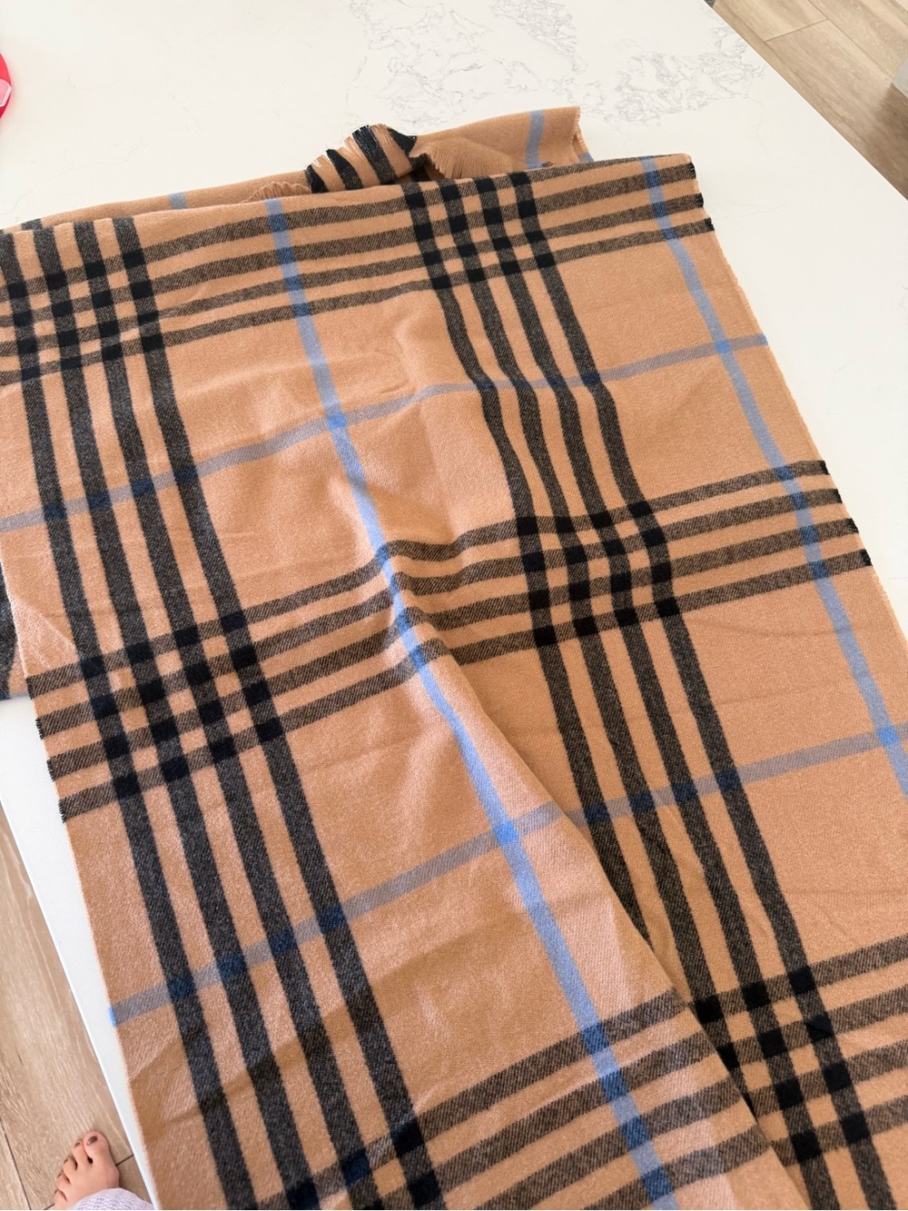 Banana Republic Plaid Camel & Black Scarf with Blue Accent